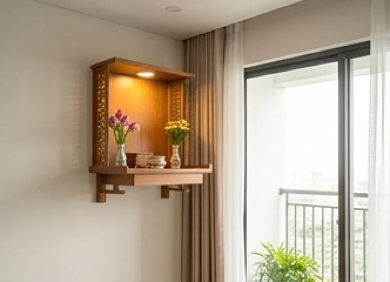 Bàn thờ gia tiên đặt tại phòng khách với mặt trước hướng thẳng ra ban công đón nguồn ánh sáng tự nhiên