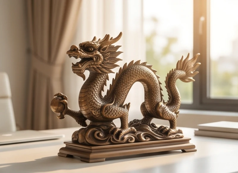 Tượng rồng phong thủy bằng đồng đặt ở tọa độ phương Bắc của bàn làm việc hướng ra không gian sáng