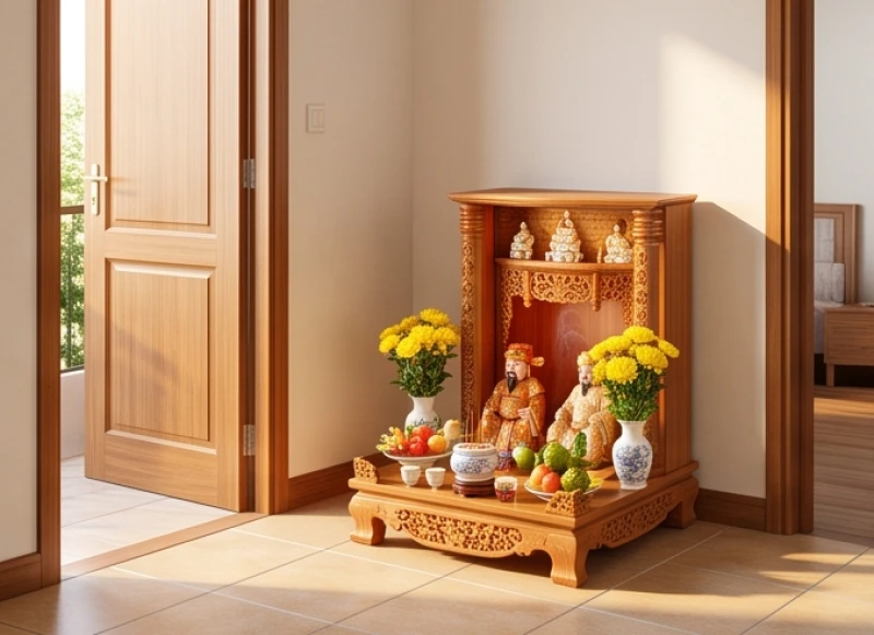 Bàn thờ Thần Tài được đặt sát mặt sàn và chếch một góc 45 độ so với cửa chính để đón luồng vượng khí