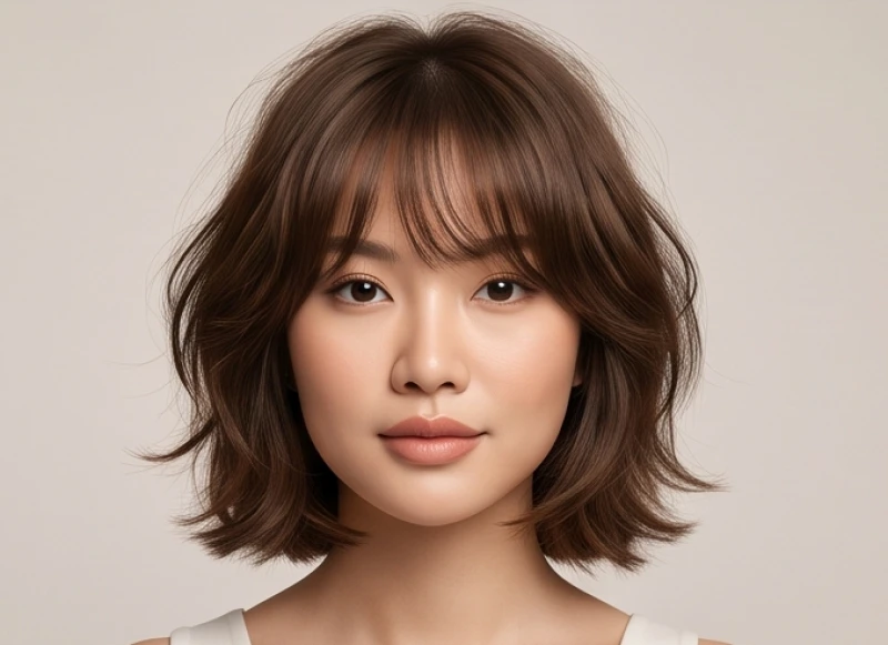 Mái tóc tỉa layer bồng bềnh ôm sát hai bên mặt giúp hài hòa cấu trúc xương quai hàm rộng ở dưới