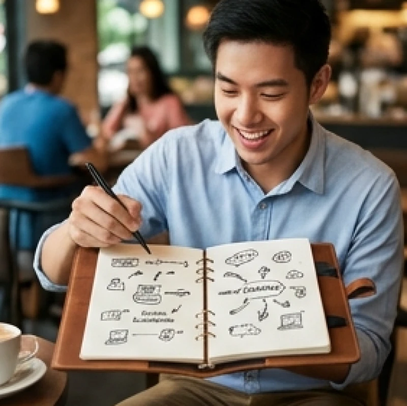 Doanh nhân trẻ tuổi đang vạch ra kế hoạch kinh doanh và tối ưu hóa dòng vốn trên sổ tay