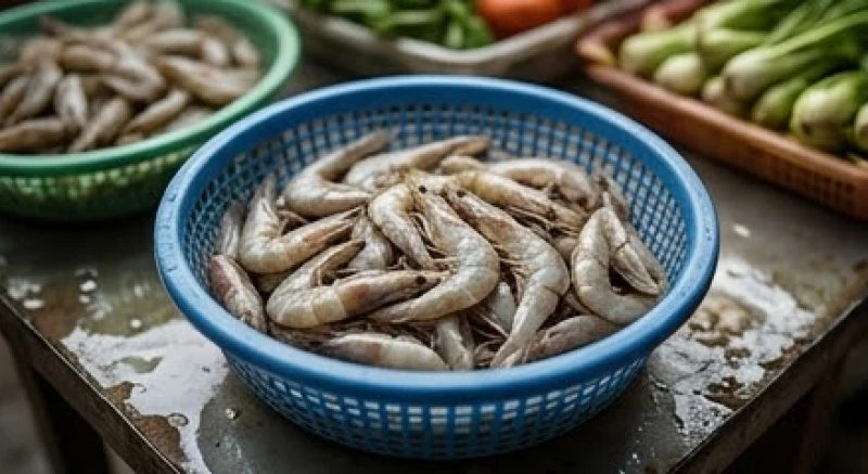 Những con tôm nhợt nhạt kém chất lượng bị bỏ lại trong góc rổ nhựa tại khu chợ hải sản