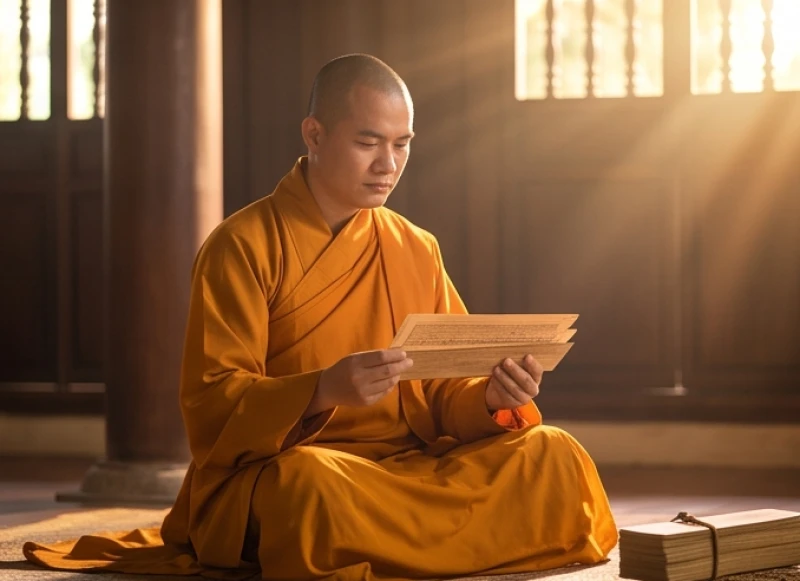 Văn khấn Đức Thánh Hiền tại chùa: Bài cúng chuẩn và sắm lễ chay 2 Tranh tượng Tôn giả A Nan Đà đang chắp tay thành kính lắng nghe và ghi nhớ những lời Phật dạy