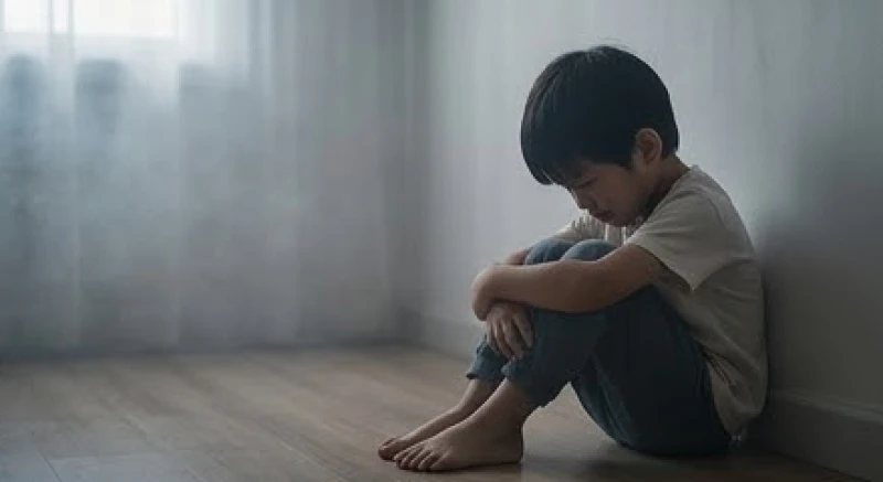 Đứa trẻ đang gục đầu buồn bã giữa không gian vắng lặng phản chiếu tổn thương tâm lý