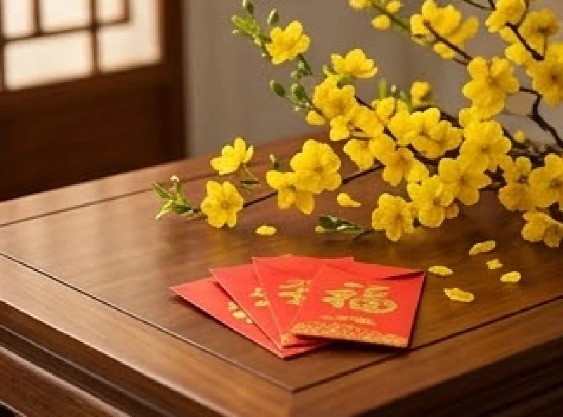 Chậu hoa mai vàng khoe sắc bên cạnh những phong bao lì xì đỏ chuẩn bị đón năm mới