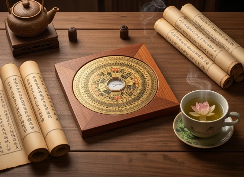 Góc nhìn tổng quan về tử vi tuổi nhâm tý 1972 năm 2026 với các sách phong thủy và la bàn cổ trên bàn gỗ