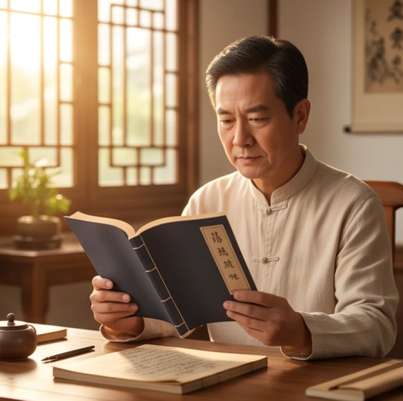 Người đàn ông trung niên đang xem xét tài liệu phong thủy để tra cứu hạn tam tai