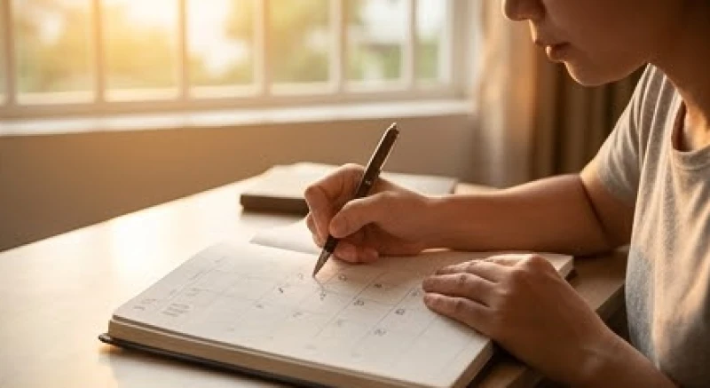 Bàn tay lật sổ tay ghi chép đối chiếu các mốc thời gian Dương lịch quan trọng trong chu kỳ vận hạn