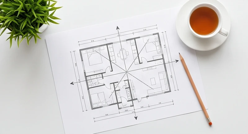 Sơ đồ bố trí mặt bằng kiến trúc thể hiện rõ phương vị của 4 hướng tốt và 4 hướng xấu trong ngôi nhà