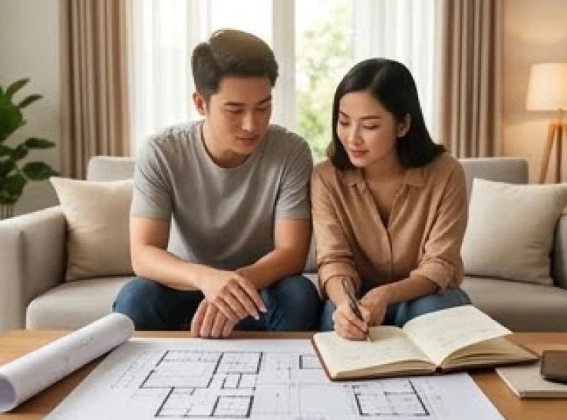 Hai vợ chồng trẻ đang cùng nhau xem tài liệu tra cứu mệnh trạch để chuẩn bị mua nhà mới