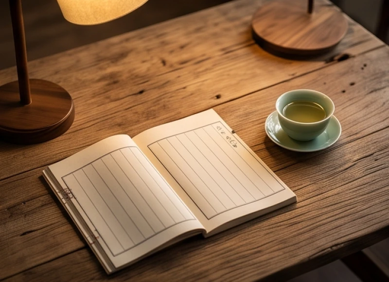 Một cuốn sách tử vi cổ mở ra trên bàn làm việc bên cạnh chén trà ngọc bích để tra cứu mệnh ngũ hành