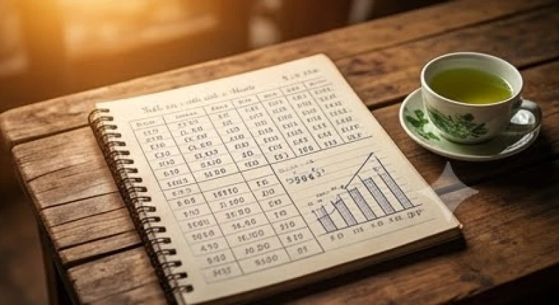 Cuốn sổ tay ghi chép những con số tài lộc được đặt ngay ngắn bên cạnh tách trà trên bàn gỗ
