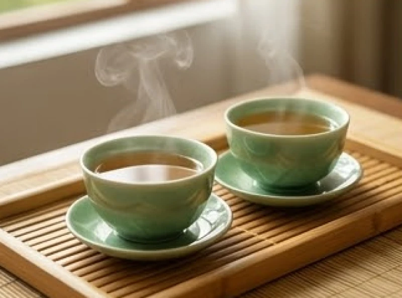 Hai chén trà sứ xanh ngọc bích đặt trên khay gỗ tre tượng trưng cho sự hòa giải trong các mối quan hệ