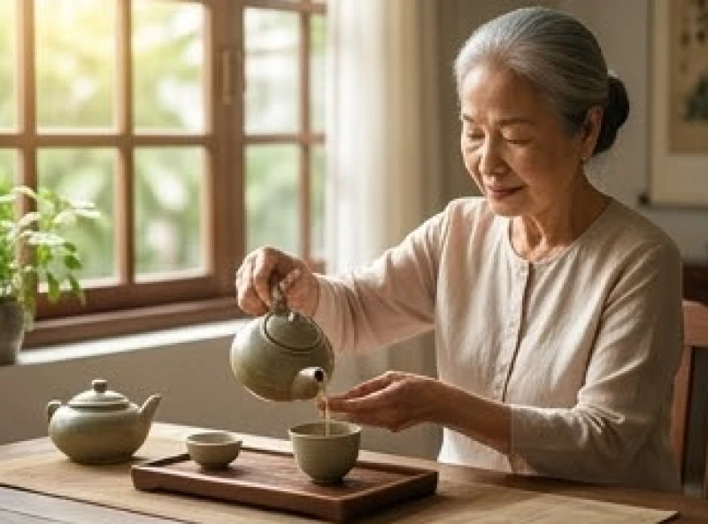 Người lớn tuổi đang thong thả thưởng trà trong không gian ngập tràn ánh sáng tự nhiên