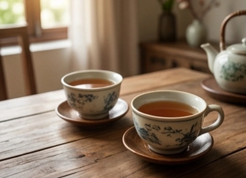 Tử vi trọn đời tuổi Mậu Ngọ 1978 nữ mạng: Chi tiết các mốc tuổi 3 Hai tách trà nóng đặt trên bàn gỗ mộc mạc biểu tượng cho sự nhẫn nại và thấu hiểu trong đời sống hôn nhân