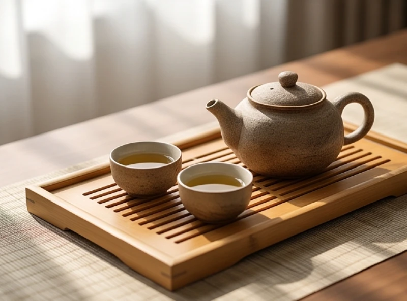 Góc thưởng trà tĩnh lặng với bộ ấm chén bằng gốm sứ và đài sen thanh tao