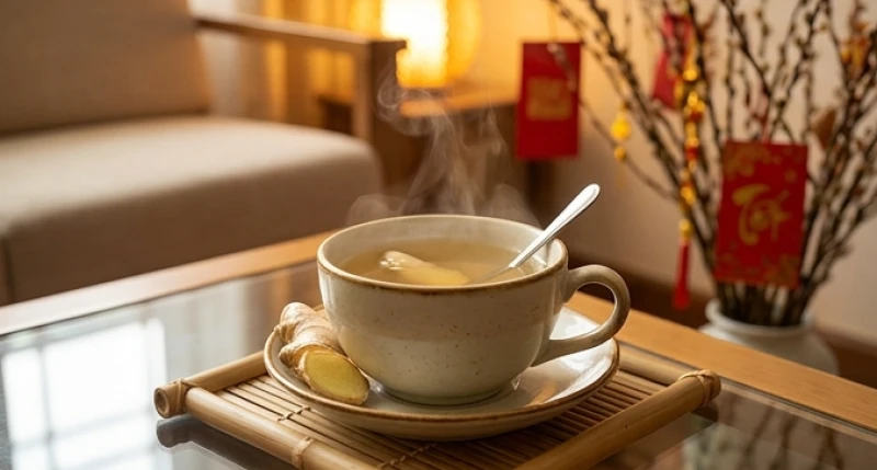 Tách trà gừng bốc khói nghi ngút được dùng để tiếp khách sáng mùng 1