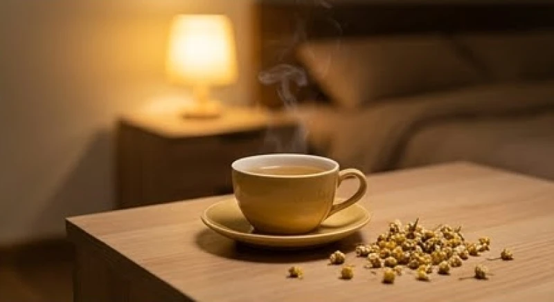 Cách để không gặp ác mộng: Vệ sinh giấc ngủ và xử lý tức thì 5 Tách trà hoa cúc ấm bốc khói nhẹ đặt trên bàn cạnh giường ngủ hỗ trợ xoa dịu hệ thần kinh trung ương