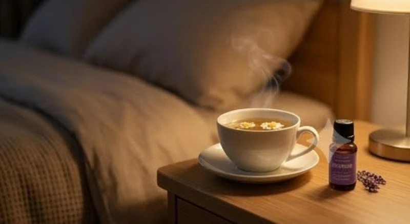 Tách trà hoa cúc nóng hổi đặt cạnh lọ tinh dầu thư giãn trên chiếc bàn nhỏ kế bên giường ngủ yên tĩnh