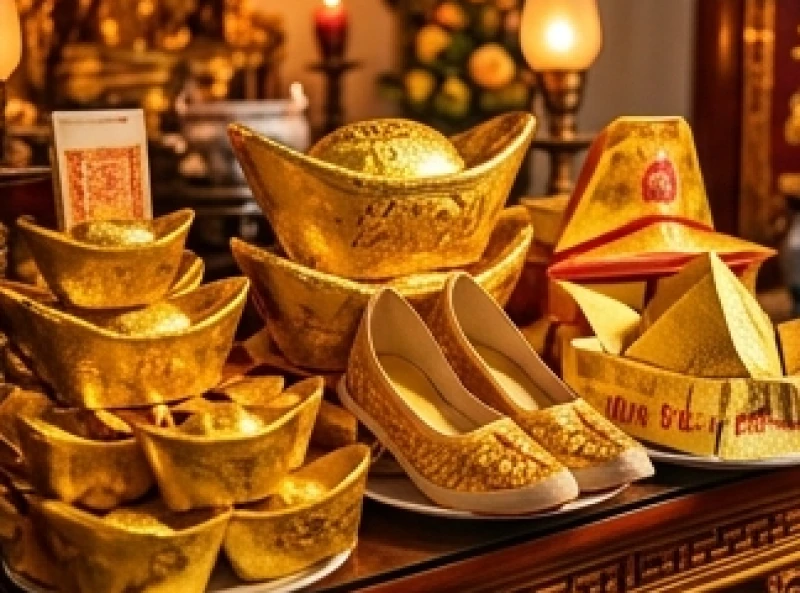 Khối lượng lớn kim ngân và nón hài bằng giấy được dâng lên ban thờ để hoàn trả lộc vay đầu năm