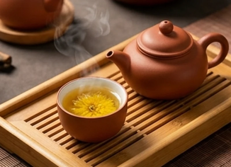 Tách trà hoa cúc nóng và ấm gốm tử sa dùng để thư giãn tinh thần