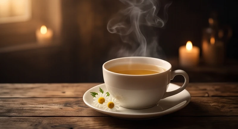 Tách trà hoa cúc nóng hổi bốc khói nhẹ trên bàn gỗ giúp thư giãn tinh thần sau cơn ác mộng