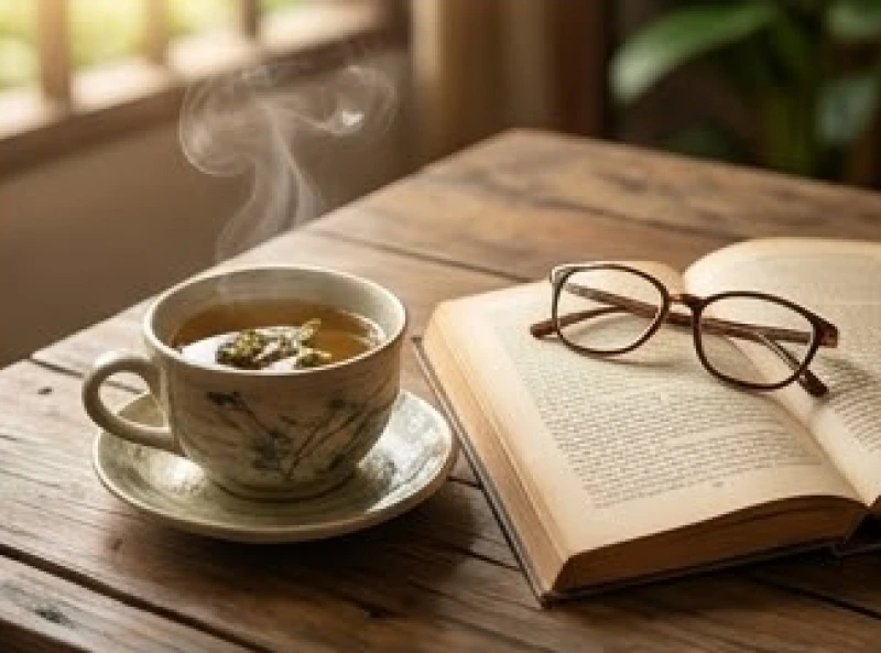 Tử vi trọn đời tuổi Bính Thân 1956 nữ mạng: Hậu vận & dưỡng mệnh 6 Tách trà thảo mộc đang bốc khói nhẹ bên cạnh một cuốn sách cũ, mang lại cảm giác thư thái và an thần tĩnh trí