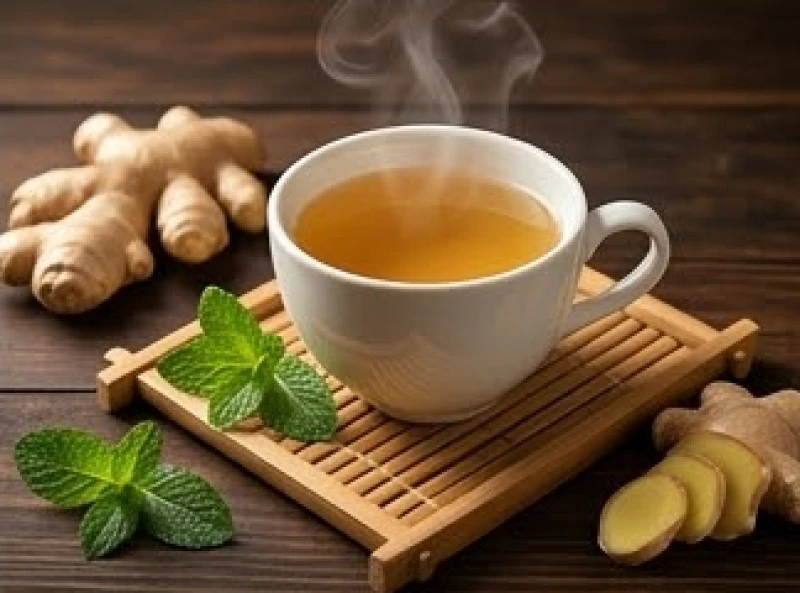 Tách trà gừng ấm nóng bốc khói nhẹ giúp làm dịu và bảo vệ đường ruột