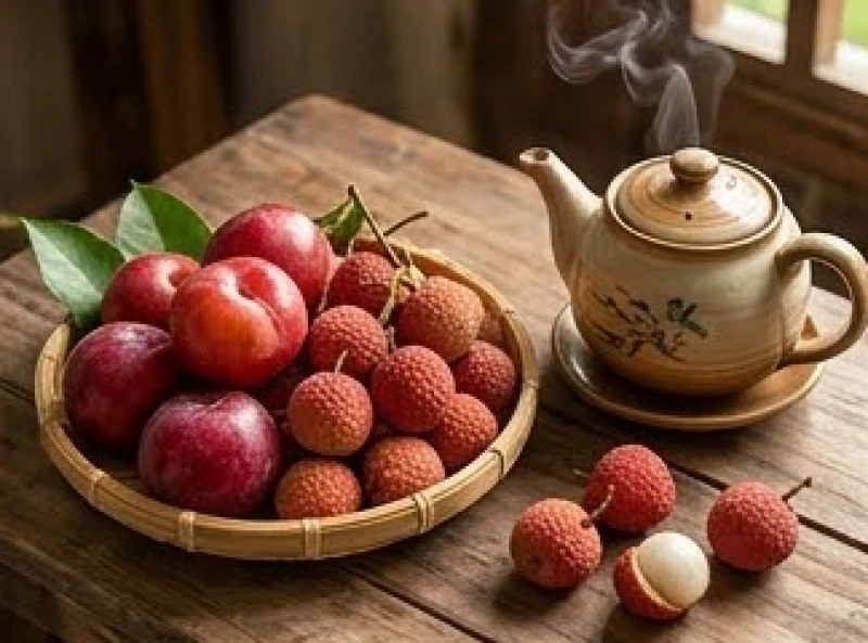 Văn khấn Tết Đoan Ngọ mùng 5 tháng 5: Bài cúng chuẩn nghi lễ 10 Ấm trà thảo mộc bốc khói nhẹ đặt cạnh rổ mận hậu và vải thiều chín đỏ mọng nước
