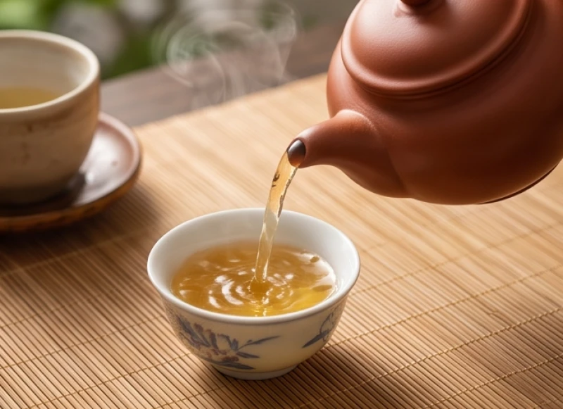 Ấm trà thảo mộc nóng hổi rót ra chén sứ giữa tiết trời mùa xuân ẩm ướt