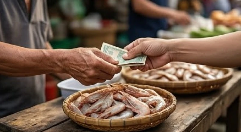 Đôi bàn tay đang trao đổi tiền mặt để mua một rổ tôm tươi ngon tại sạp hải sản