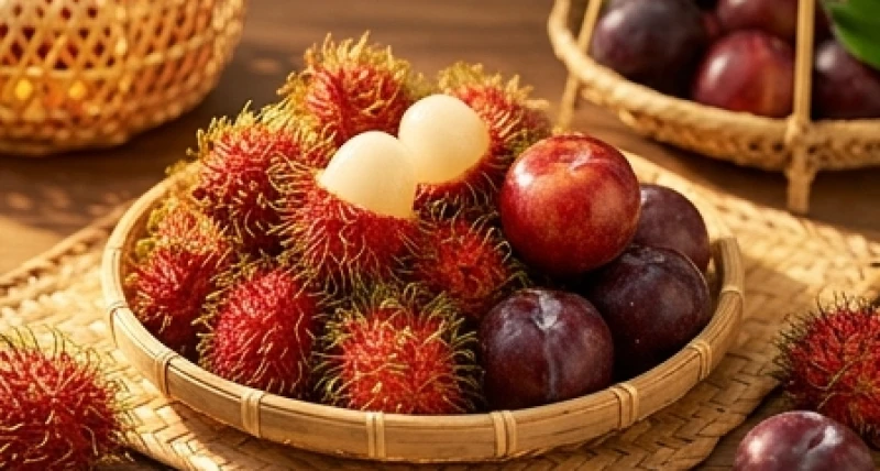 Những quả chôm chôm và mận chín mọng màu đỏ tươi được đặt trong giỏ tre truyền thống Việt Nam