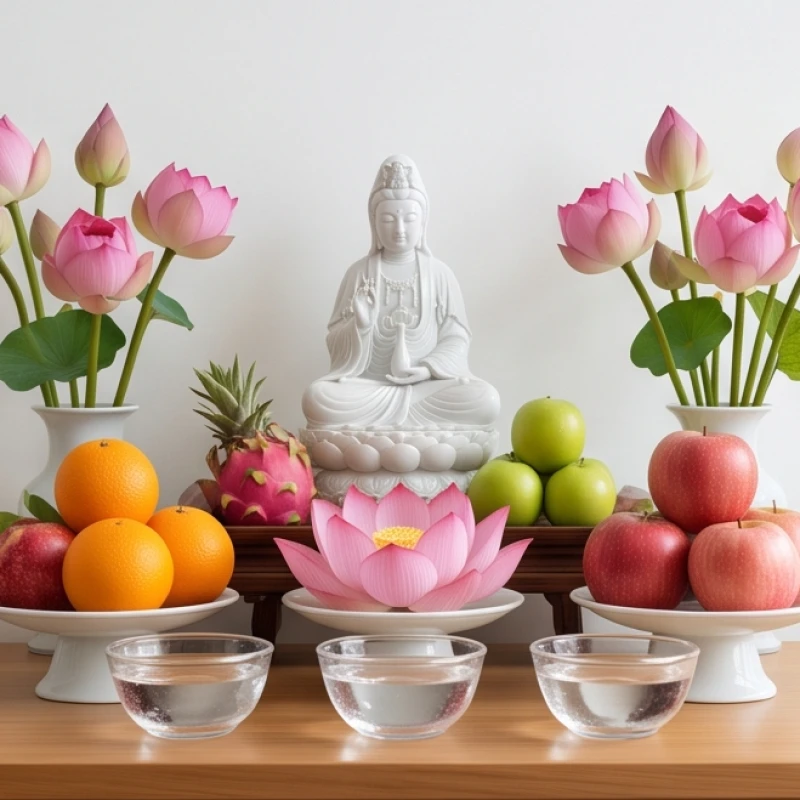 Mâm ngũ quả tươi ngon cùng hoa sen hồng và những chén nước tinh khiết được bày biện trang nghiêm dâng lên Phật