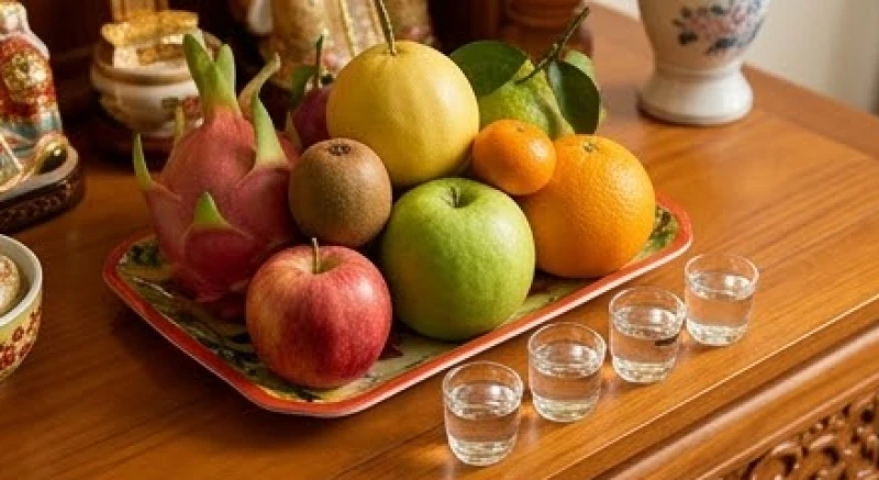 Đĩa trái cây tươi nguyên vẹn nhiều màu sắc dâng kèm ly rượu ngon trong lễ cúng Thần Tài rằm tháng 7 âm lịch
