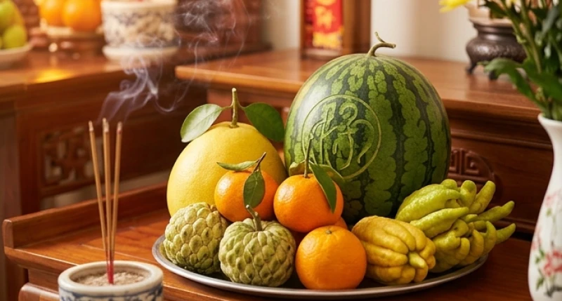 Mâm ngũ quả tươi sáng với dưa hấu, bưởi và quýt vàng rực rỡ