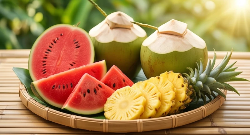 Mâm quả nhiệt đới đẹp mắt gồm dưa hấu đỏ tươi, dừa xiêm xanh và những lát dứa vàng ươm