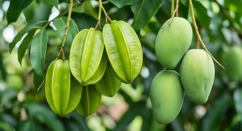 Những chùm khế xanh và xoài non mang vị chua đặc trưng nổi bật trên nền lá cây tươi tốt