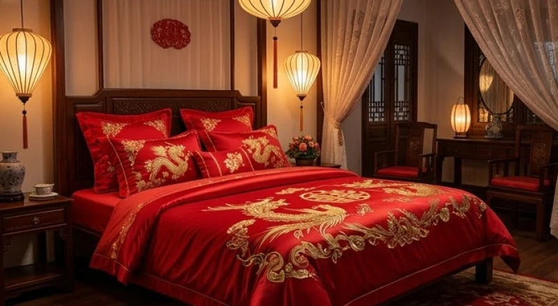 Tuổi Dần cưới ngày nào tốt: cách chọn tháng đại lợi và hóa giải 12 Căn phòng tân hôn được chuẩn bị tươm tất với chăn ga gối đệm lụa đỏ thêu họa tiết long phụng