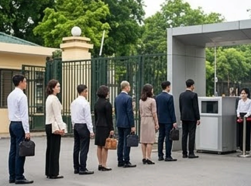 Du khách đeo túi xách nhỏ gọn bước qua khu vực kiểm tra an ninh trước khi tiến vào sân Quảng trường Ba Đình.