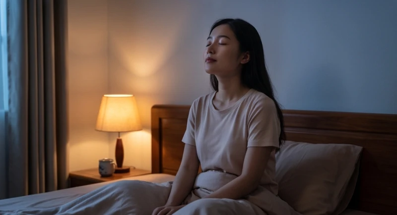 Người phụ nữ nhắm mắt hít thở sâu và thả lỏng cơ thể để lấy lại bình tĩnh sau khi giật mình tỉnh giấc vì ác mộng
