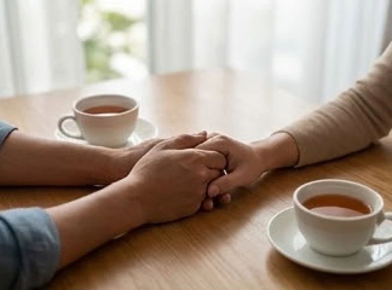 Hai bàn tay nắm chặt lấy nhau trên bàn gỗ thể hiện sự thấu hiểu và sẻ chia cảm xúc