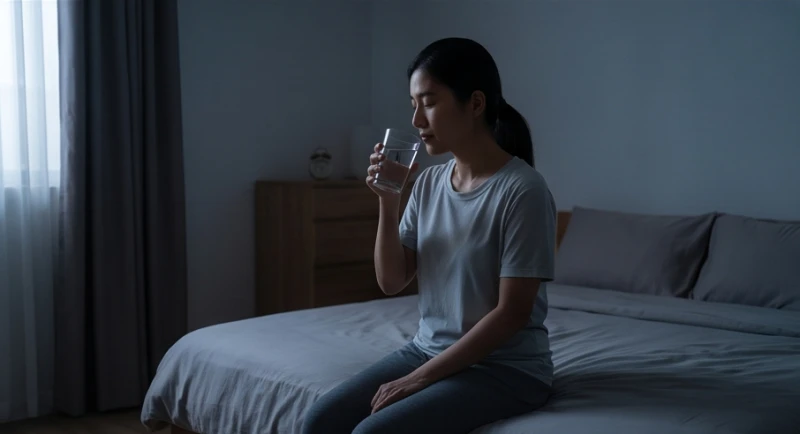Mơ thấy đám ma người thân: Điềm báo theo vai vế & cách giải tỏa 6 Một người đang ngồi hít thở sâu bên mép giường, tay cầm cốc nước ấm để bình ổn lại nhịp tim sau cơn ác mộng vừa trải qua