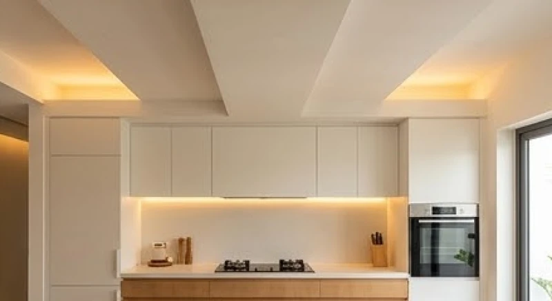 Hệ trần thạch cao phẳng hạ thấp để che phủ hoàn toàn dầm bê tông cốt thép phía trên khu vực bếp