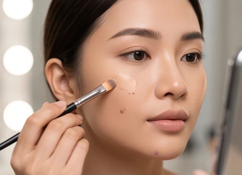 Dùng cọ nhỏ và kem che khuyết điểm để làm mờ đi các nốt ruồi không mong muốn trên mặt