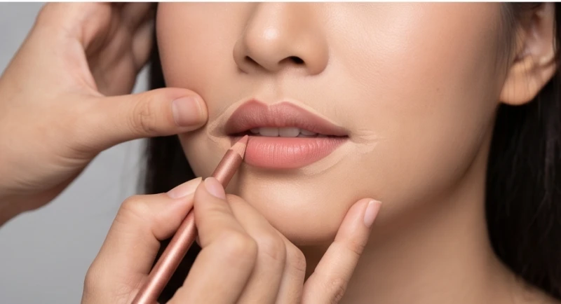 Các bước kẻ viền môi và dùng che khuyết điểm để nâng khóe miệng trễ
