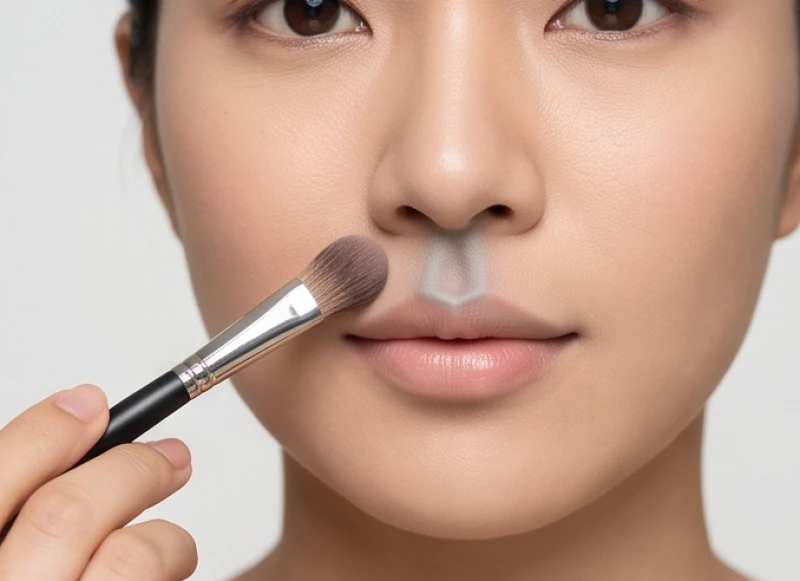 Cọ trang điểm nhỏ đang tán phấn tạo khối màu nâu nhạt dọc theo rãnh môi để tạo hiệu ứng chiều sâu