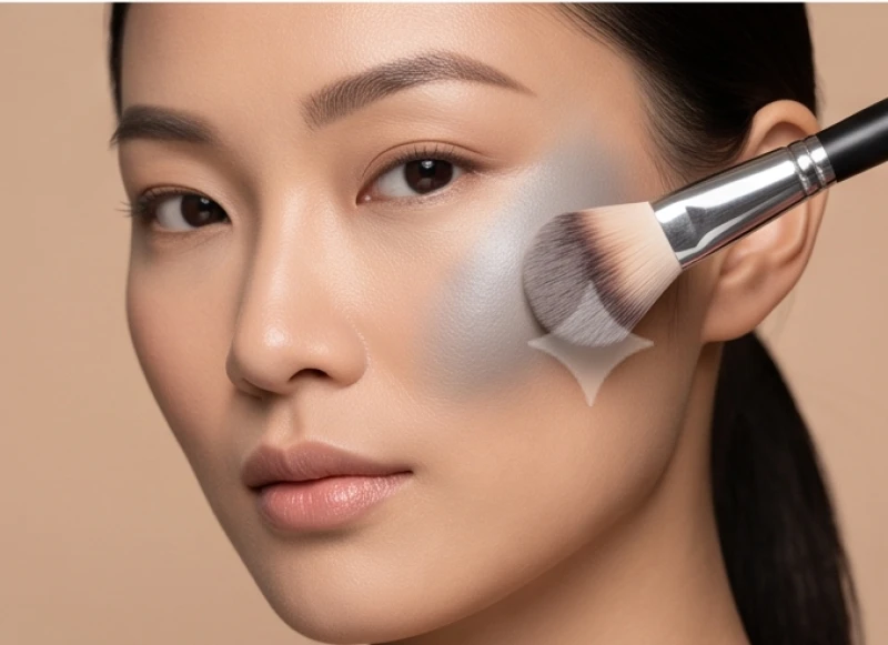 Cọ trang điểm vát chéo đang tán phấn contour tối màu lên phần xương gò má để thu hẹp vùng xương thô