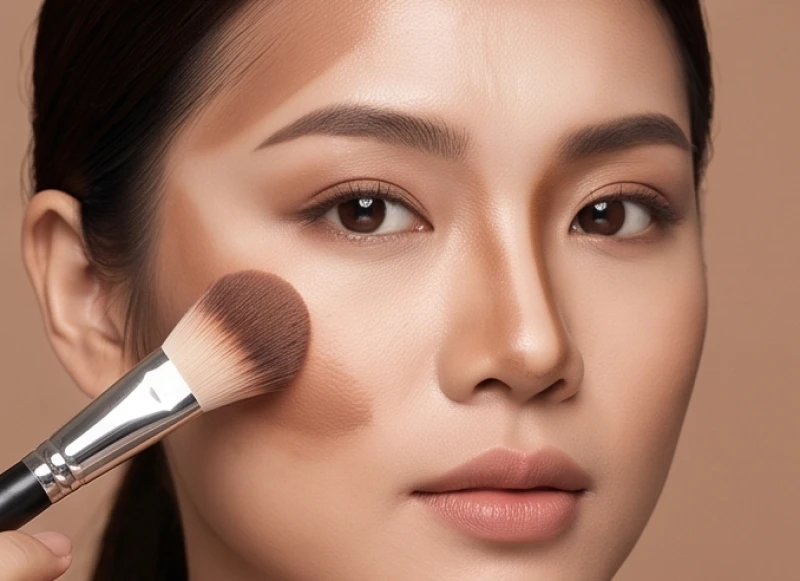 Ngũ nhạc trên khuôn mặt: Tiêu chuẩn nam nữ và cách hóa giải 8 Bàn tay thợ trang điểm sử dụng cọ tán phấn khối dọc sống mũi và vùng trán để tạo độ cao giả lập cho gương mặt