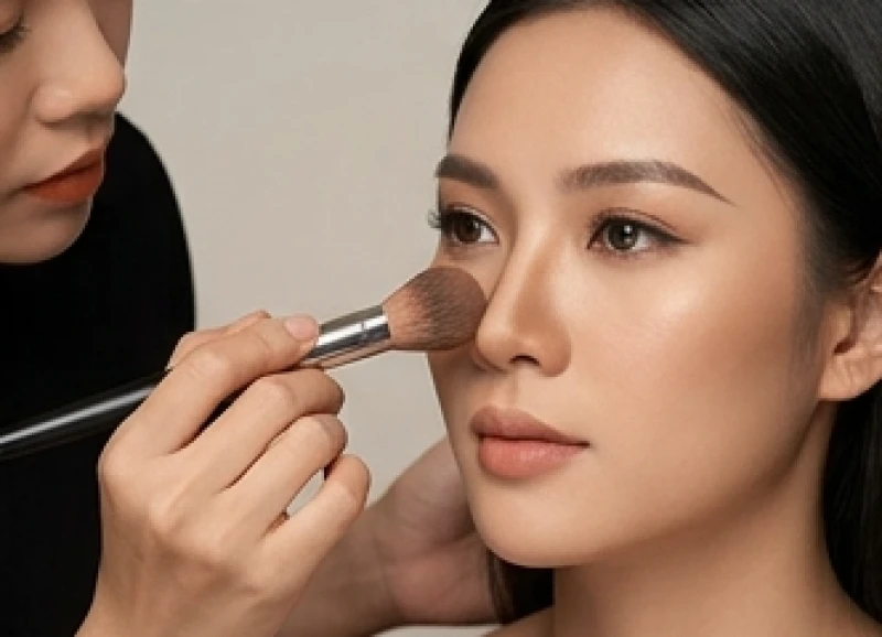 Đôi tay khéo léo dùng cọ trang điểm tán phấn contour tạo khối thu gọn sống mũi