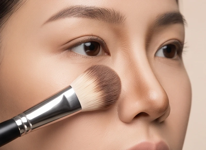 Thao tác dùng cọ tán phấn tạo khối hai bên cánh mũi giúp tạo hiệu ứng sống mũi cao và thon gọn